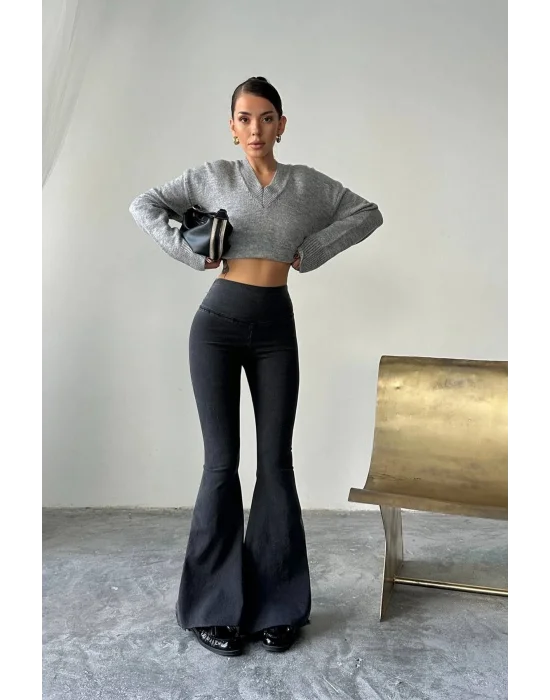 Füme Extra Geniş Paça Tayt Formunda Yüksek Bel Likralı İspanyol Jeans