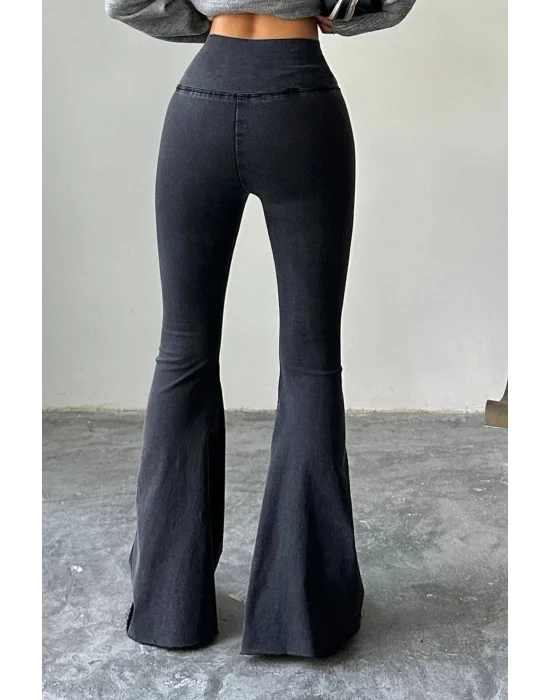 Füme Extra Geniş Paça Tayt Formunda Yüksek Bel Likralı İspanyol Jeans