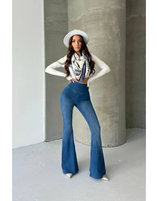 Mavi Extra Geniş Paça Tayt Formunda Yüksek Bel Likralı İspanyol Jeans