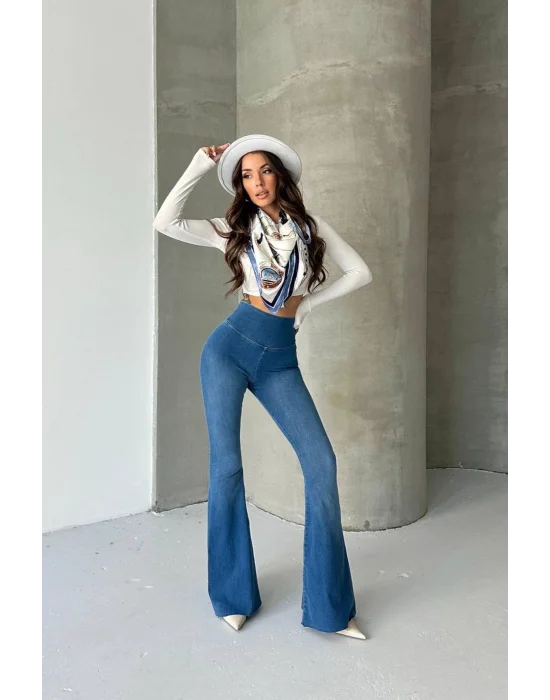 Mavi Extra Geniş Paça Tayt Formunda Yüksek Bel Likralı İspanyol Jeans