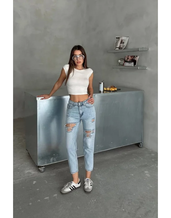 Kadın Yüksek Bel Mom Jean Yırtık Detaylı Buz Mavi Rahat Kesim Denim Pantolon