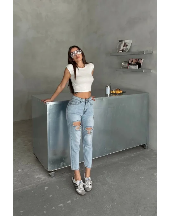 Kadın Yüksek Bel Mom Jean Yırtık Detaylı Buz Mavi Rahat Kesim Denim Pantolon
