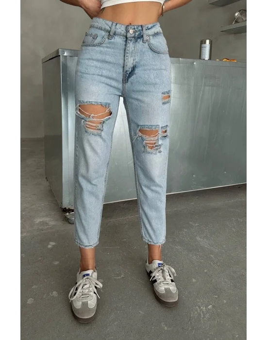Kadın Yüksek Bel Mom Jean Yırtık Detaylı Buz Mavi Rahat Kesim Denim Pantolon