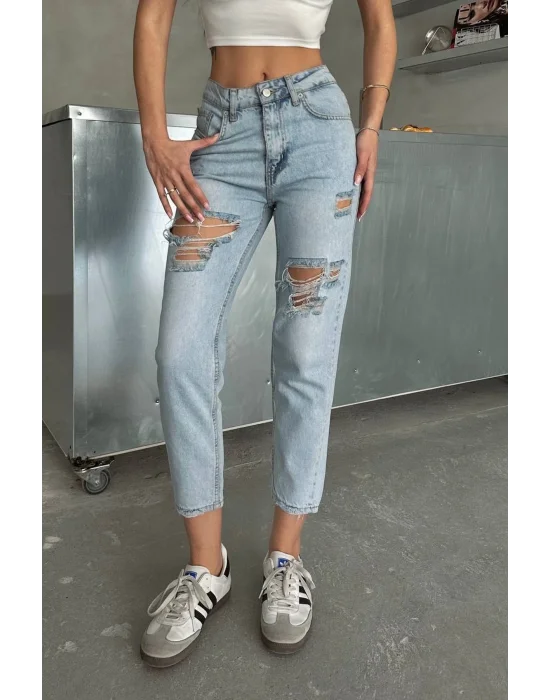 Kadın Yüksek Bel Mom Jean Yırtık Detaylı Buz Mavi Rahat Kesim Denim Pantolon