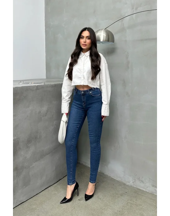 Kadın Orta Mavi Yüksek Bel Skinny Jean Pantolon Dar Paça Toparlayıcı Esnek Denim Kot