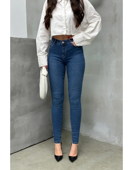 Kadın Orta Mavi Yüksek Bel Skinny Jean Pantolon Dar Paça Toparlayıcı Esnek Denim Kot