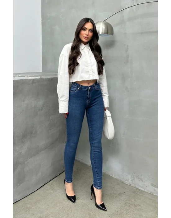 Kadın Orta Mavi Yüksek Bel Skinny Jean Pantolon Dar Paça Toparlayıcı Esnek Denim Kot