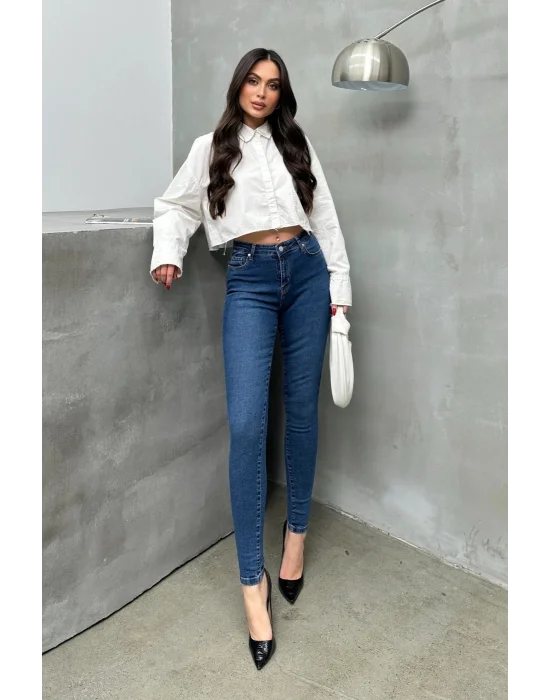 Kadın Orta Mavi Yüksek Bel Skinny Jean Pantolon Dar Paça Toparlayıcı Esnek Denim Kot