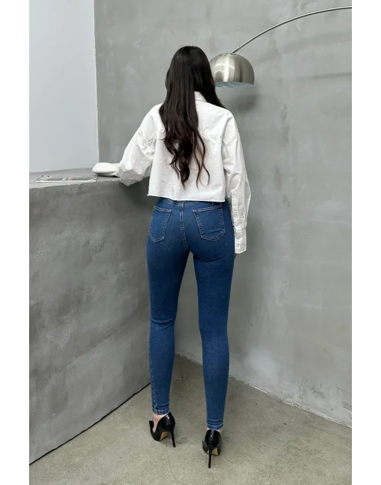 Kadın Orta Mavi Yüksek Bel Skinny Jean Pantolon Dar Paça Toparlayıcı Esnek Denim Kot