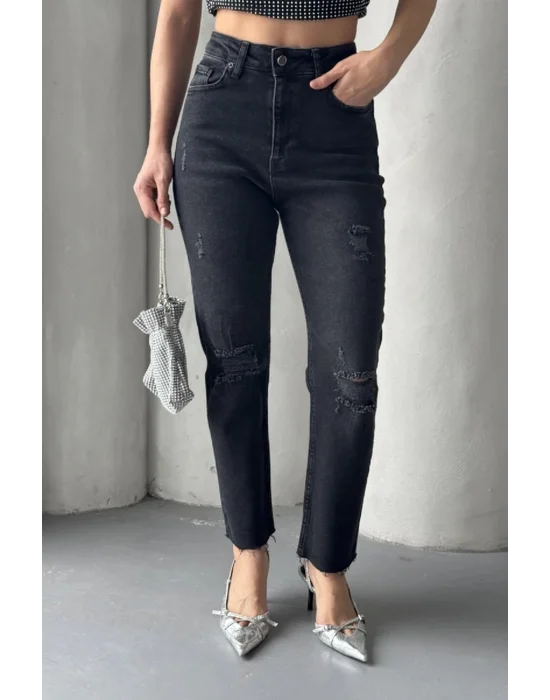 Kadın Antrasit Yırtık Detaylı Mom Jean Yüksek Bel Rahat Kalıp Denim Pantolon