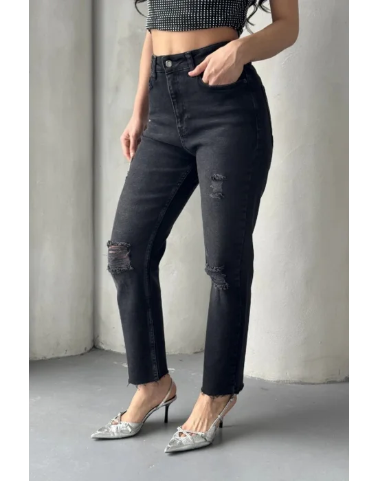 Kadın Antrasit Yırtık Detaylı Mom Jean Yüksek Bel Rahat Kalıp Denim Pantolon