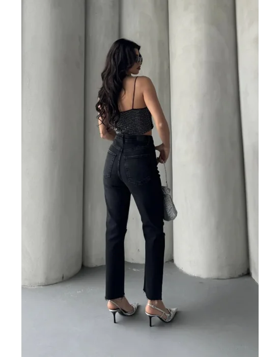 Kadın Antrasit Yırtık Detaylı Mom Jean Yüksek Bel Rahat Kalıp Denim Pantolon