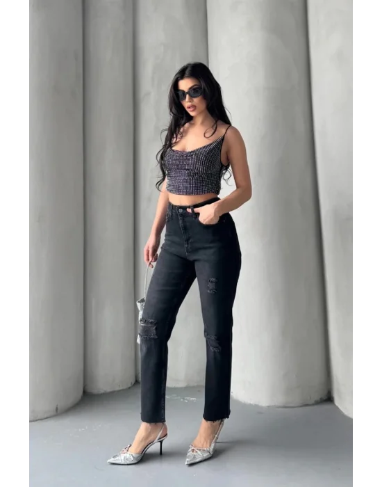 Kadın Antrasit Yırtık Detaylı Mom Jean Yüksek Bel Rahat Kalıp Denim Pantolon