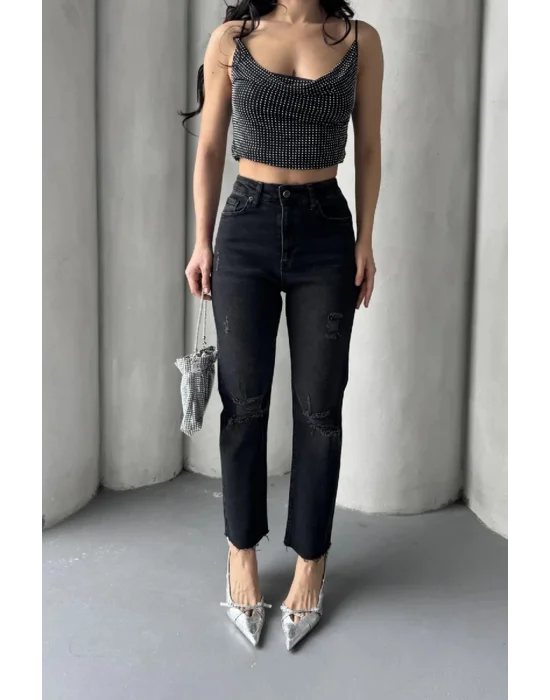 Kadın Antrasit Yırtık Detaylı Mom Jean Yüksek Bel Rahat Kalıp Denim Pantolon