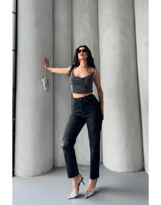 Kadın Antrasit Yırtık Detaylı Mom Jean Yüksek Bel Rahat Kalıp Denim Pantolon