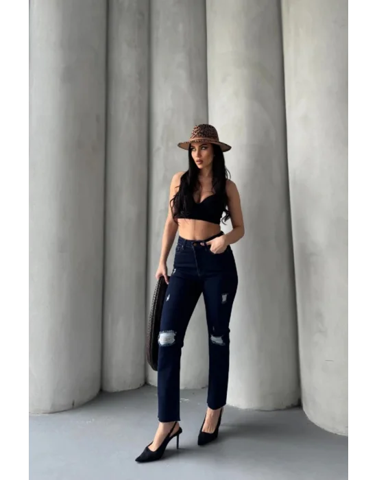 Kadın Lacivert Yırtık Detaylı Mom Jean Yüksek Bel Günlük Rahat Kesim Kot Pantolon