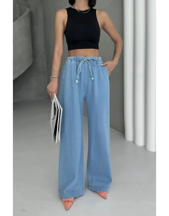 Beli Lastikli Palazzo Pantolon Orta Mavi Yüksek Bel Bol Paça Rahat Salaş Kadın Pantolon
