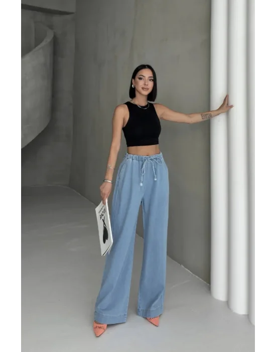 Beli Lastikli Palazzo Pantolon Orta Mavi Yüksek Bel Bol Paça Rahat Salaş Kadın Pantolon
