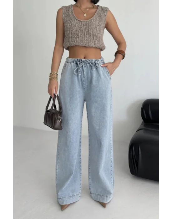 Beli Lastikli Palazzo Pantolon Açık Mavi Yüksek Bel Bol Paça Rahat Salaş Kadın Pantolon