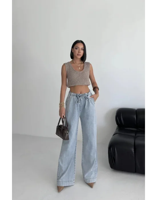 Beli Lastikli Palazzo Pantolon Açık Mavi Yüksek Bel Bol Paça Rahat Salaş Kadın Pantolon