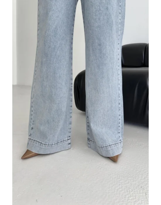 Beli Lastikli Palazzo Pantolon Açık Mavi Yüksek Bel Bol Paça Rahat Salaş Kadın Pantolon