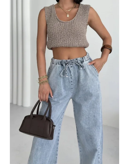 Beli Lastikli Palazzo Pantolon Açık Mavi Yüksek Bel Bol Paça Rahat Salaş Kadın Pantolon