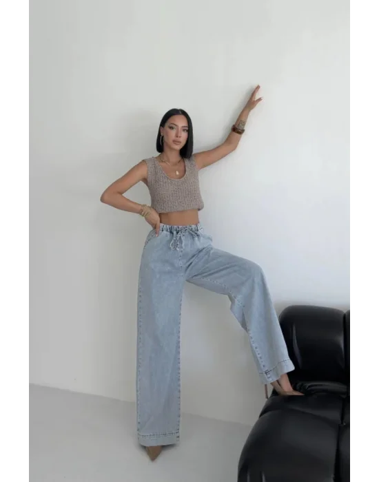 Beli Lastikli Palazzo Pantolon Açık Mavi Yüksek Bel Bol Paça Rahat Salaş Kadın Pantolon