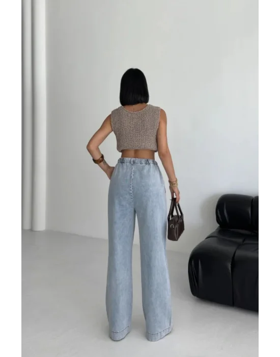 Beli Lastikli Palazzo Pantolon Açık Mavi Yüksek Bel Bol Paça Rahat Salaş Kadın Pantolon