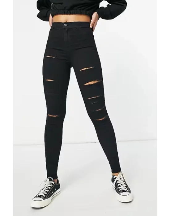 Yırtık Siyah Yüksek Bel Skinny Fit Jean Likralı Cepsiz Tayt Pantolon