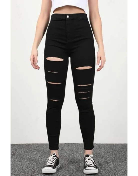 Yırtık Siyah Yüksek Bel Skinny Fit Jean Likralı Cepsiz Tayt Pantolon