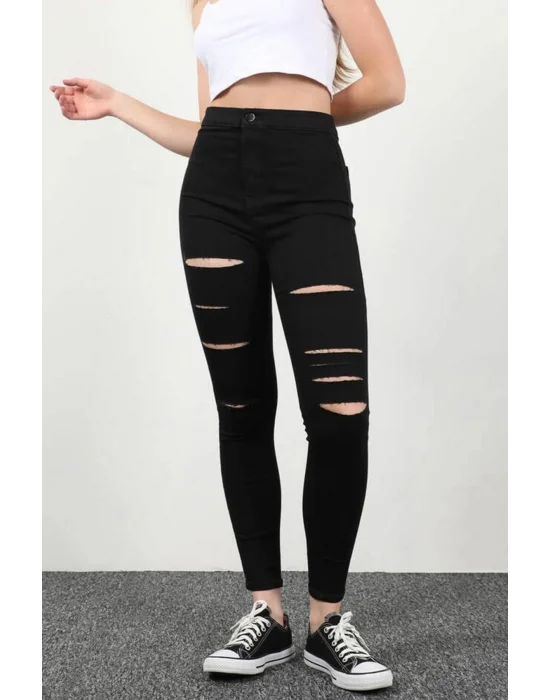 Yırtık Siyah Yüksek Bel Skinny Fit Jean Likralı Cepsiz Tayt Pantolon