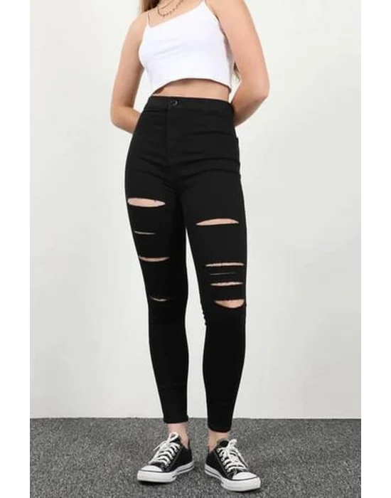 Yırtık Siyah Yüksek Bel Skinny Fit Jean Likralı Cepsiz Tayt Pantolon