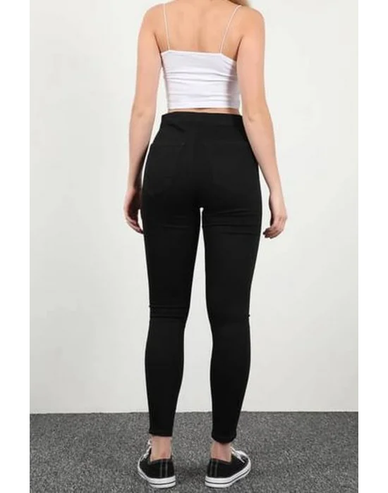 Yırtık Siyah Yüksek Bel Skinny Fit Jean Likralı Cepsiz Tayt Pantolon