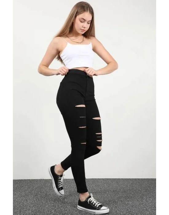 Yırtık Siyah Yüksek Bel Skinny Fit Jean Likralı Cepsiz Tayt Pantolon