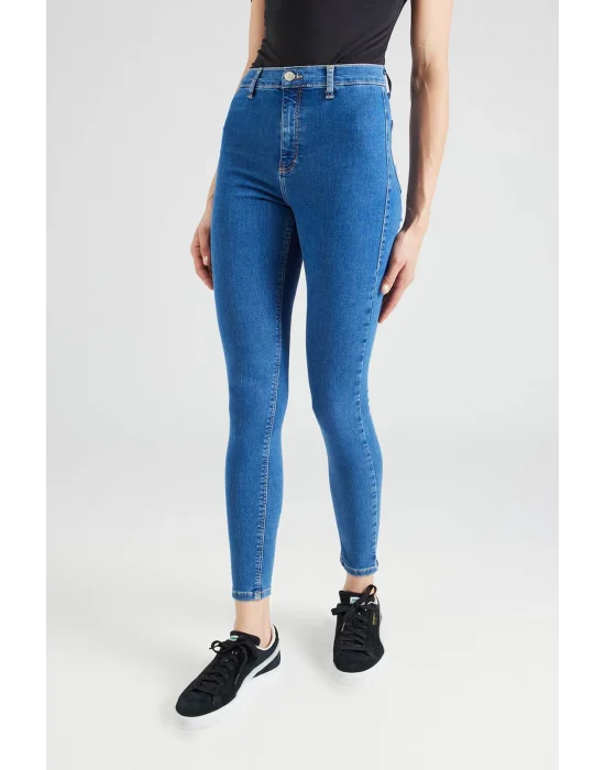 Mid Blue Yüksek Bel Skinny Fit Jean Likralı Cepsiz Tayt Pantolon