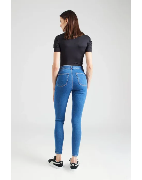 Mid Blue Yüksek Bel Skinny Fit Jean Likralı Cepsiz Tayt Pantolon