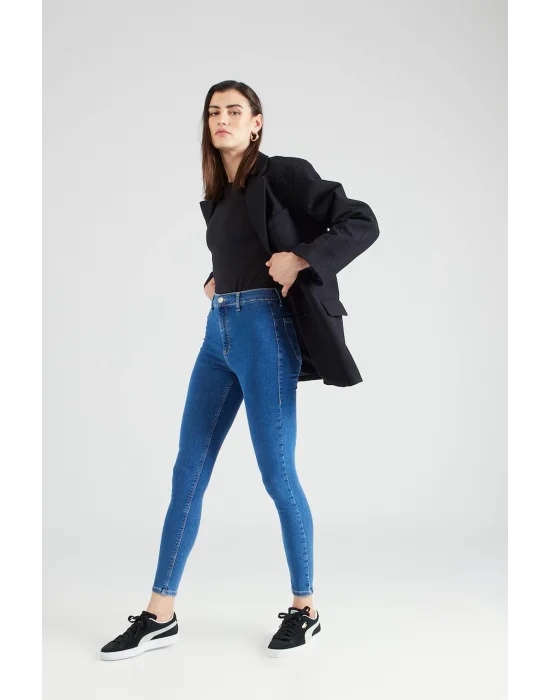 Mid Blue Yüksek Bel Skinny Fit Jean Likralı Cepsiz Tayt Pantolon