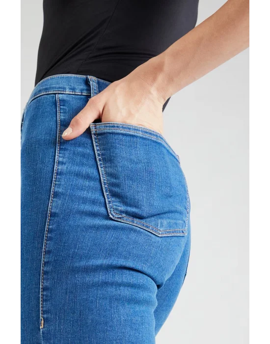 Mid Blue Yüksek Bel Skinny Fit Jean Likralı Cepsiz Tayt Pantolon