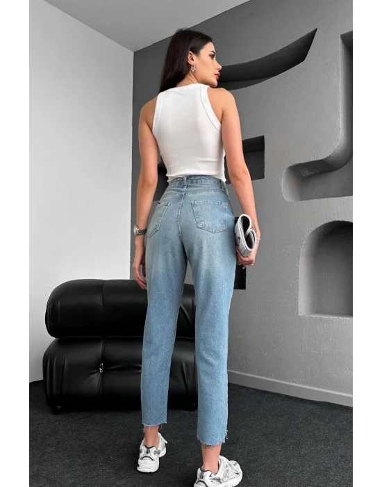 Premium Likrasız Denim Yırtık Mavi Mom Jeans