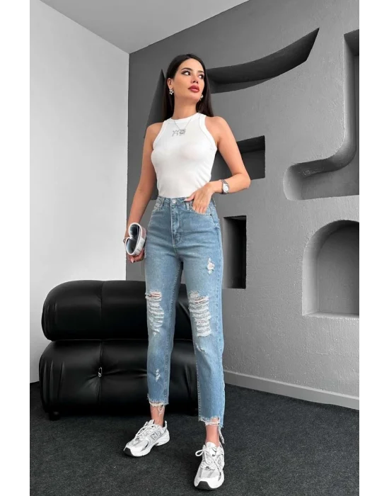Premium Likrasız Denim Yırtık Mavi Mom Jeans