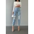 Premium Likrasız Denim Yırtık Mavi Mom Jeans