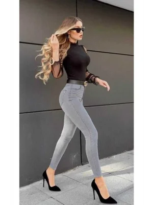 Gri Renk Yüksek Bel Likralı Skinny Jeans Toparlayıcı Pantolon