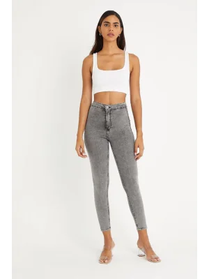 Füme Yüksek Bel Skinny Jean Önü Cepsiz Pantolon