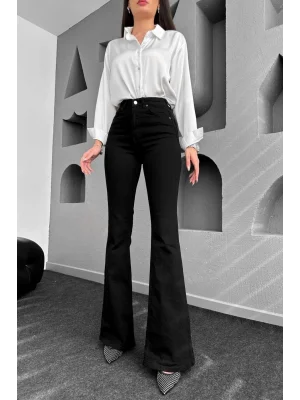 Yüksek Bel Ispanyol Paça Siyah Jeans Kot Pantolon