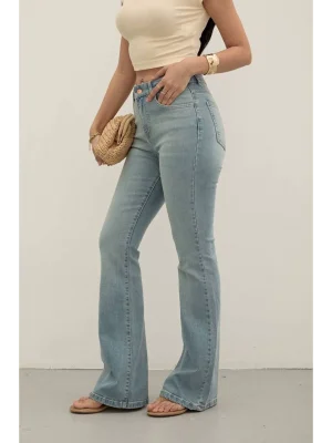 Light Blue Premium Yüksek Bel Bronz Düğmeli İspanyol Paça Jeans