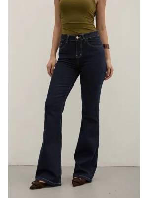 Lacivert Premium Yüksek Bel Bronz Düğmeli İspanyol Paça Jeans