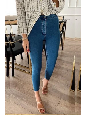 Indigo Mavi Yüksek Bel Skinny Fit Jean Likralı Önü Cepsiz Tayt Pantolon