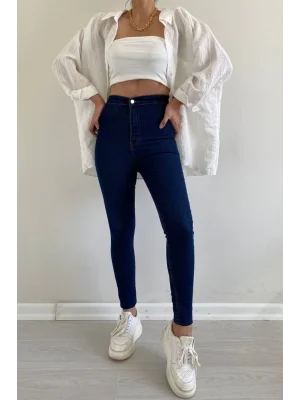 Dark Blue Yüksek Bel Skinny Fit Jean Likralı Önü Cepsiz Tayt Pantolon