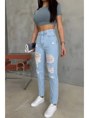 Premium Yırtık Detay Açık Mavi Mom Jeans