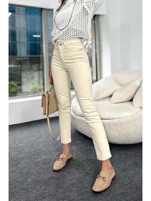 Bej Mom Fit Jeans Boyfriend Yüksek Bel Pantolon